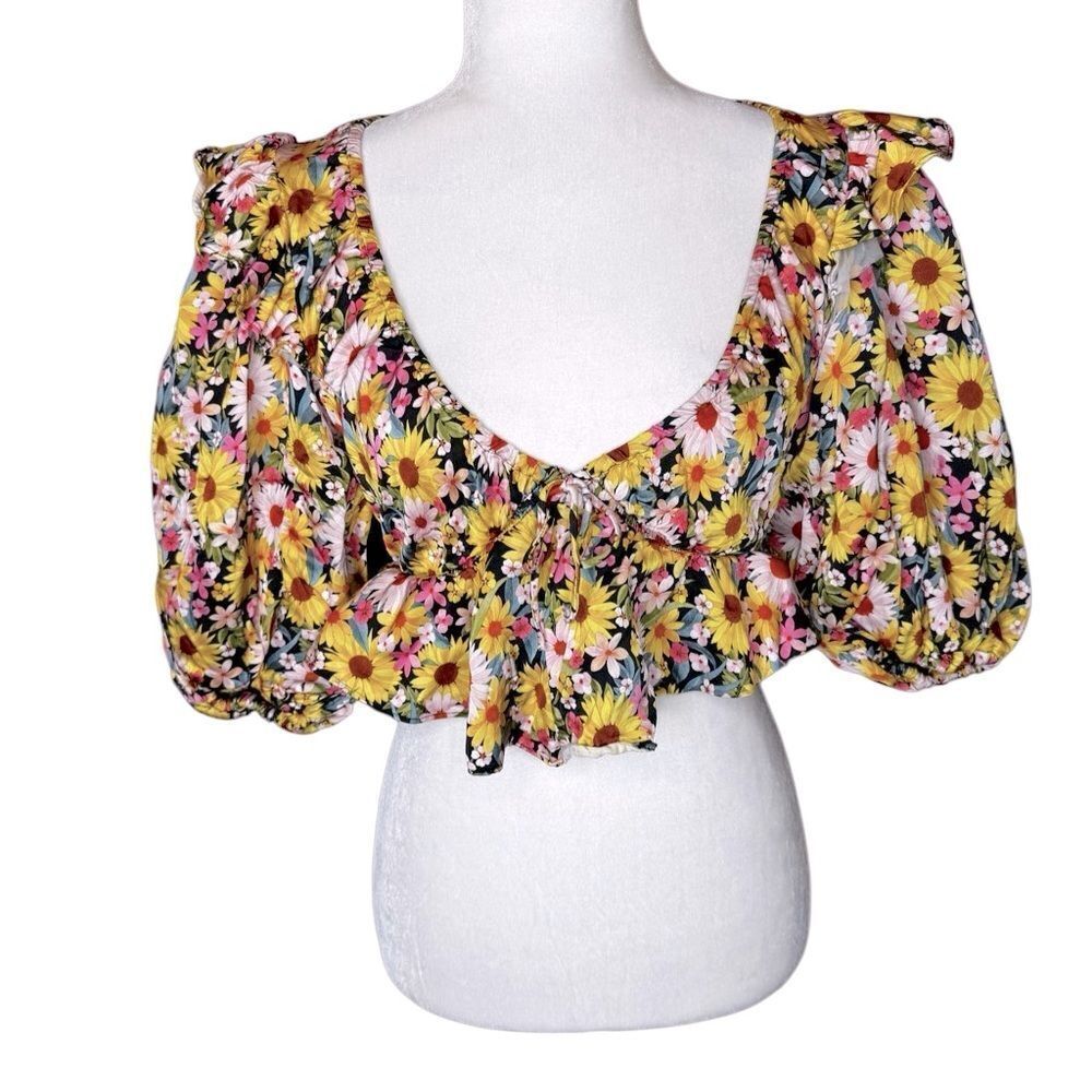 For Love & Lemons Floral Puff Sleeve Glenn crop Top size Medium - Picture 2 of 9